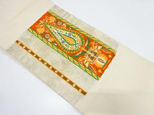 縞に花更紗・鳥模様織り出し　名古屋帯